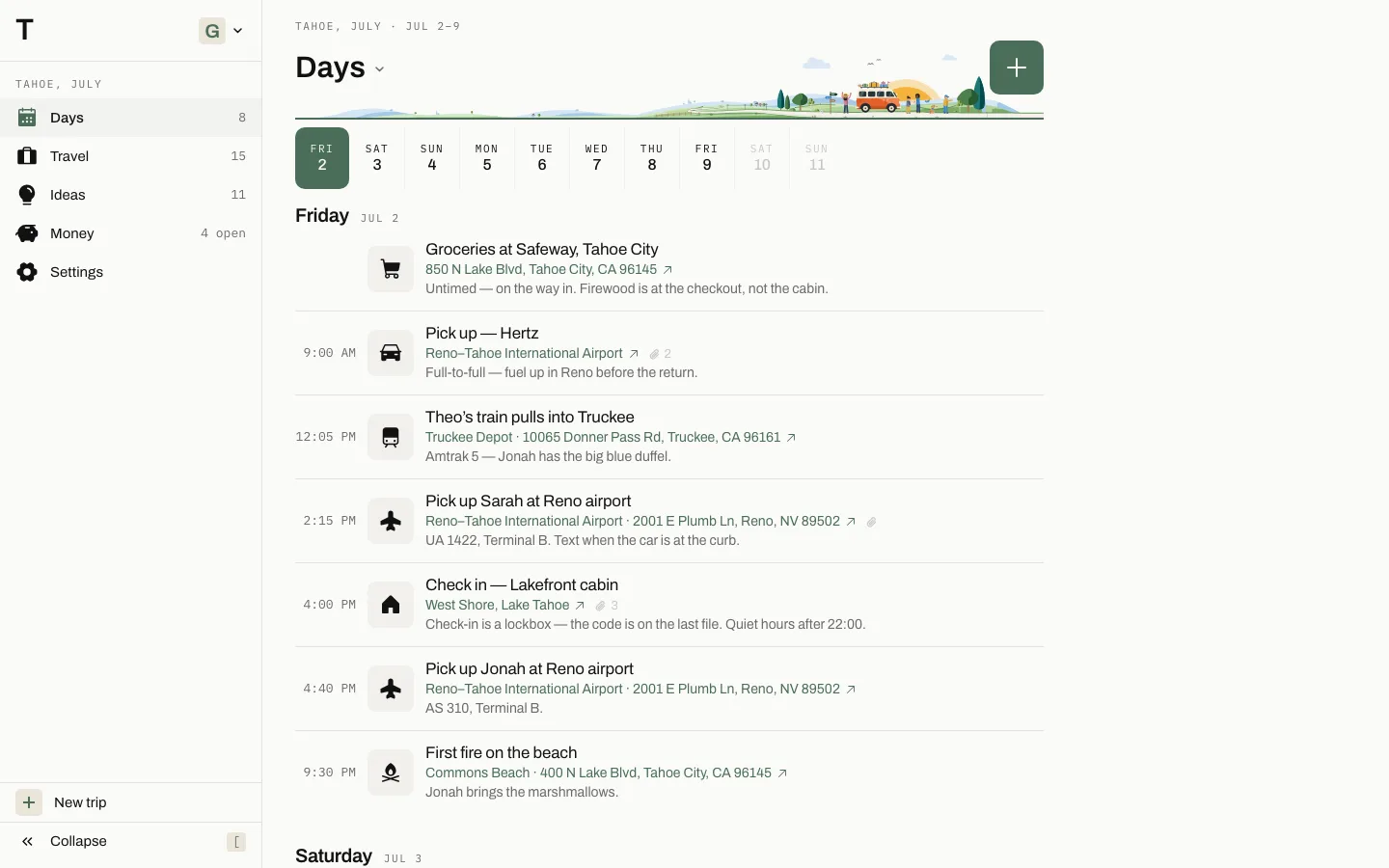 The Tahoe trip in a desktop browser: the days beside the trip's sidebar